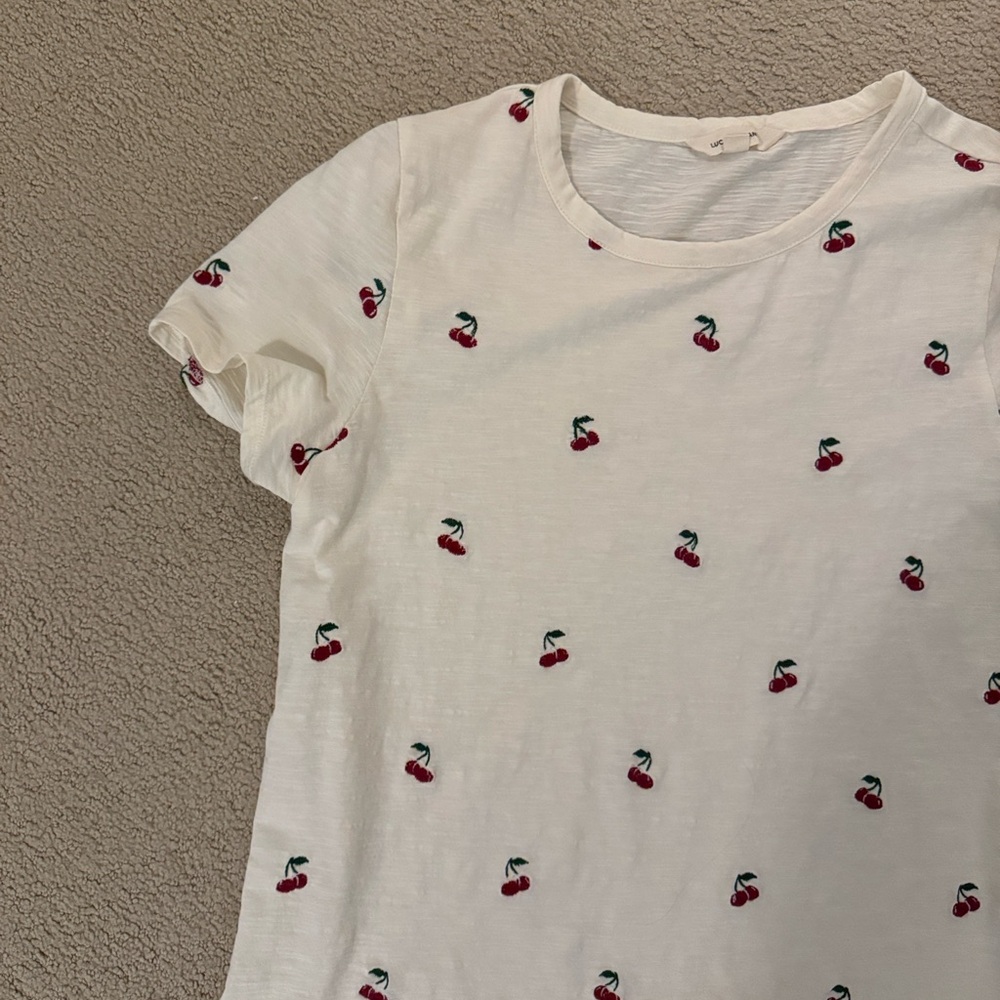 Lucky Brand Cream Tee with Embroidered Cherris